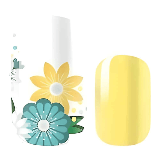 Yellow nail wrap with white background showing blue and yellow daisy floral pattern