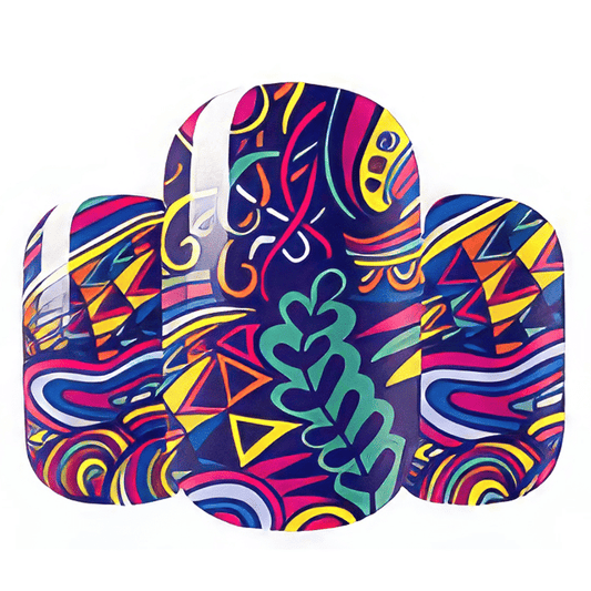 Psychedelic rainbow nail wraps with colourful retro patterns and bohemian swirl designs