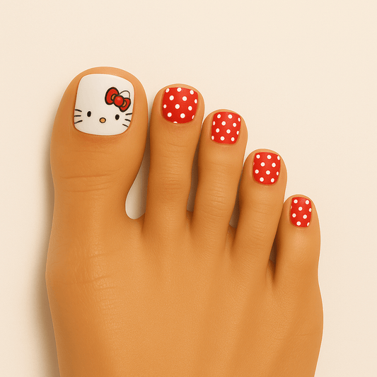 Red polka dot pedicure wraps with Hello Kitty character on big toe