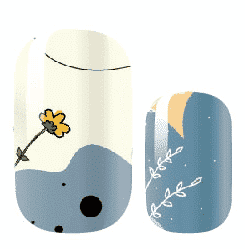 Abstract cream blue nail wraps with artistic minimalist pattern and yellow floral details