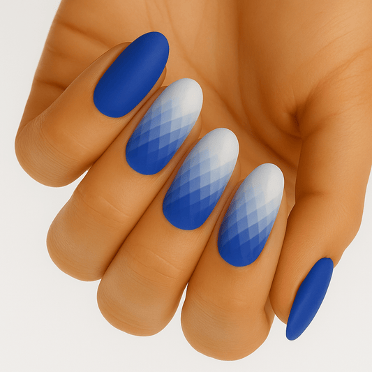 Blue and white checkered nail art on hand showing geometric pattern nail wraps