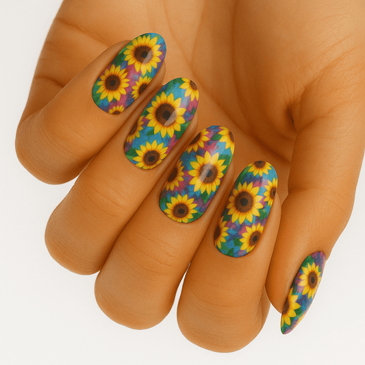 Colourful sunflower nail wraps on hand showing bright floral pattern manicure design