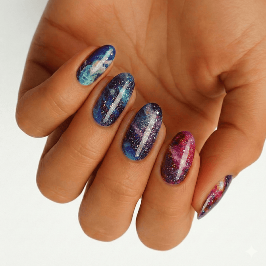 Aurora borealis gel nail wraps on hand showing sparkly blue purple pink galaxy effect