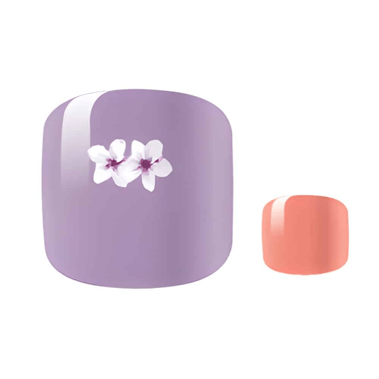 Purple orchid pedicure nail wraps with coral accent toe nail design