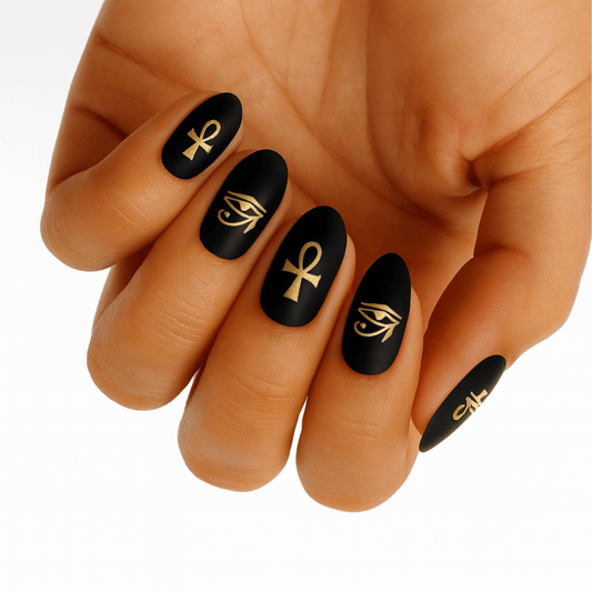 Black matte nail wraps with gold Egyptian symbols ankh eye of horus on hand