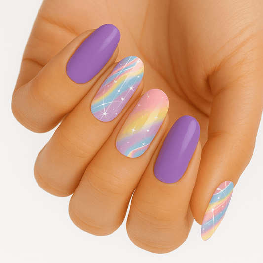 Rainbow gradient nail wraps with purple and pastel colours on hand showing manicure
