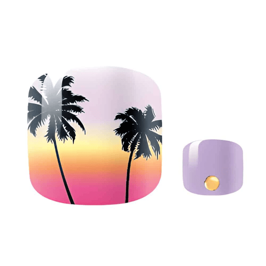 Tropical sunset pedicure wraps featuring purple pink gradient with black palm trees