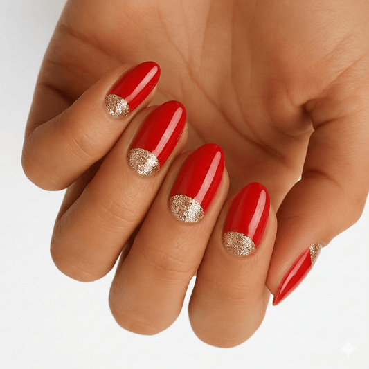 Red glossy gel nail wraps with gold glitter reverse French tips on hand manicure