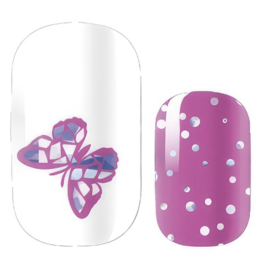 Pink butterfly nail wraps with white polka dot design and geometric patterns