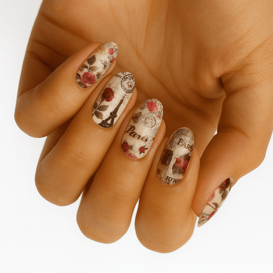Hand wearing romantic Paris themed nail wraps with vintage rose floral patterns and text