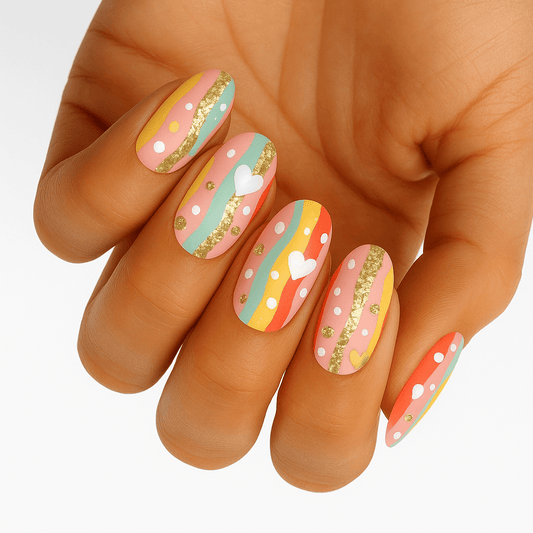 Colourful party nail art with rainbow stripes and gold glitter on hand