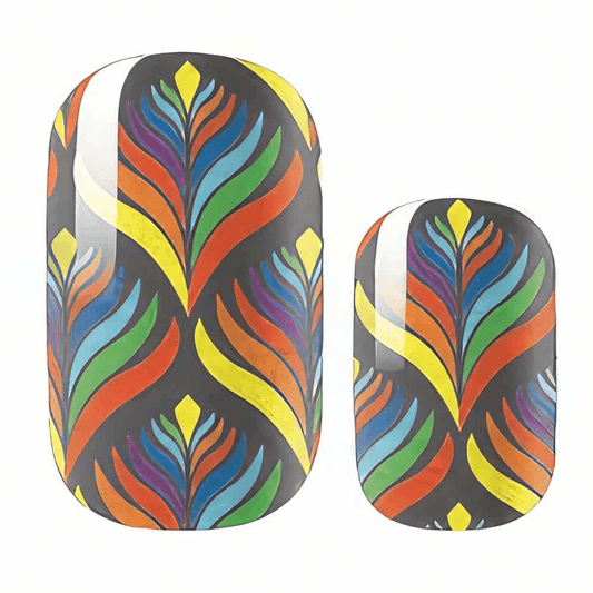 Colourful abstract feather pattern nail wraps with rainbow flowing design on dark base