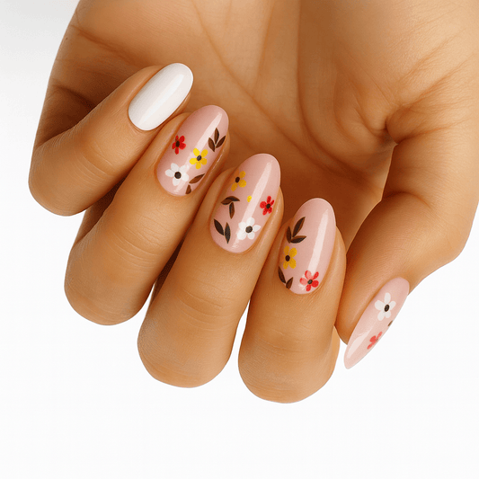 Hand showing pink floral nail art with white and coloured flower patterns on nails