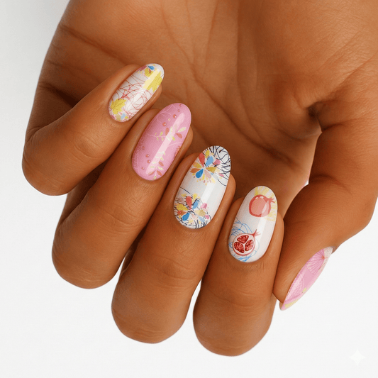 Hand wearing pastel nail wraps featuring fruit and floral designs in pink and peach tones