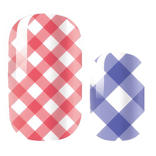Pink and purple gingham nail wraps with checkered pattern design for manicures