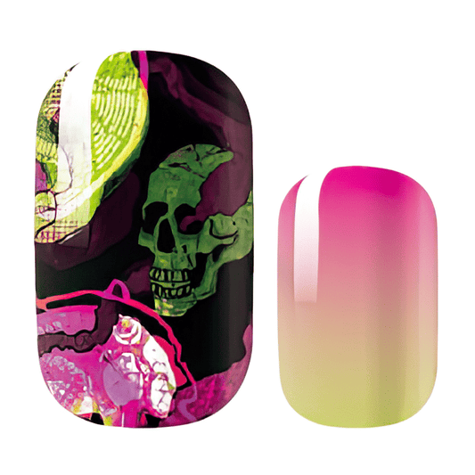 Gothic skull nail wraps with pink ombre gradient design for alternative nail art
