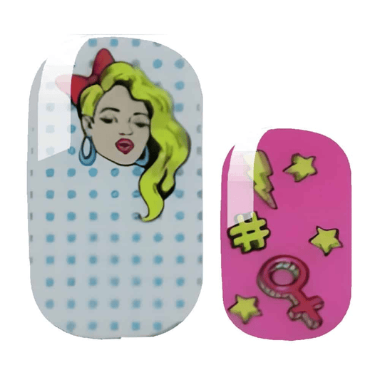 Pop art nail wraps featuring blonde pinup girl and pink cartoon graphics design