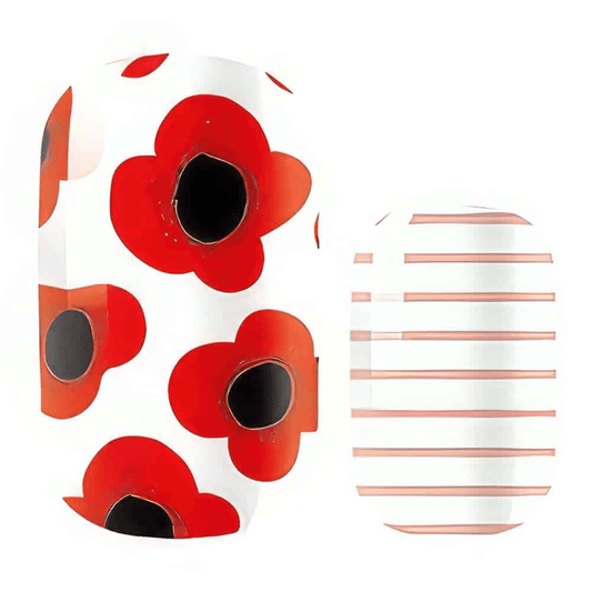 Red poppy floral nail wraps with striped pattern design for at-home manicure
