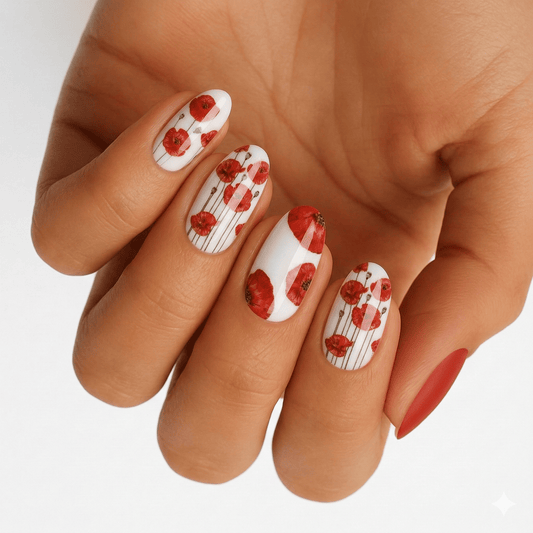 Hand displaying red poppy field nail art wraps with watercolour floral design