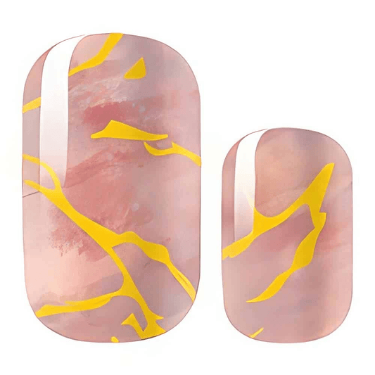 Pink marble nail wraps with gold veining in translucent glossy finish