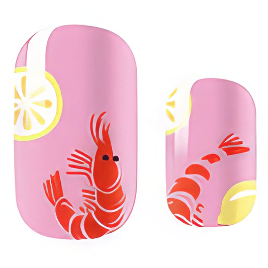 Pink nail wraps featuring prawn cocktail design with seafood and lemon illustrations