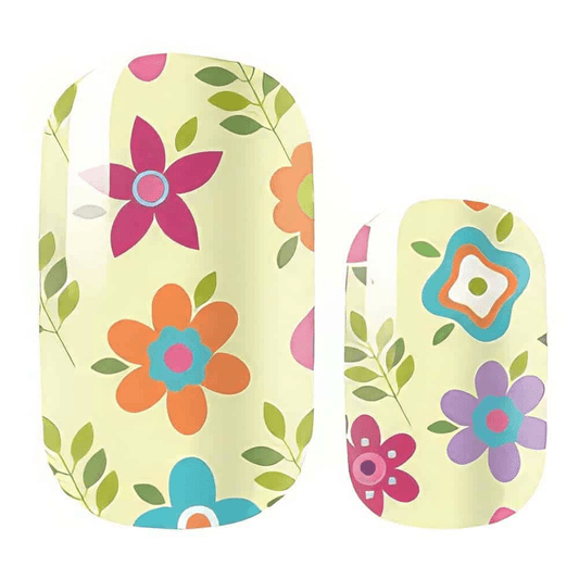 Colourful floral nail wraps with pink orange purple flowers on pale yellow background