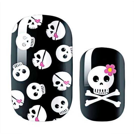 Black nail wraps with white skull and pink flower pattern for Halloween nail art