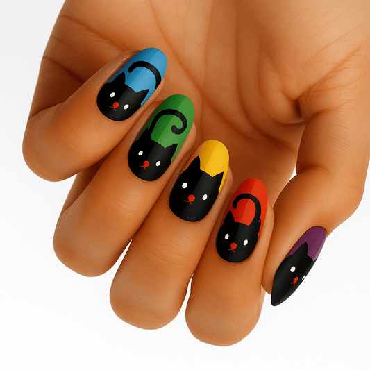 Rainbow coloured cat design nail wraps on hand showing cute black cats with colourful tails