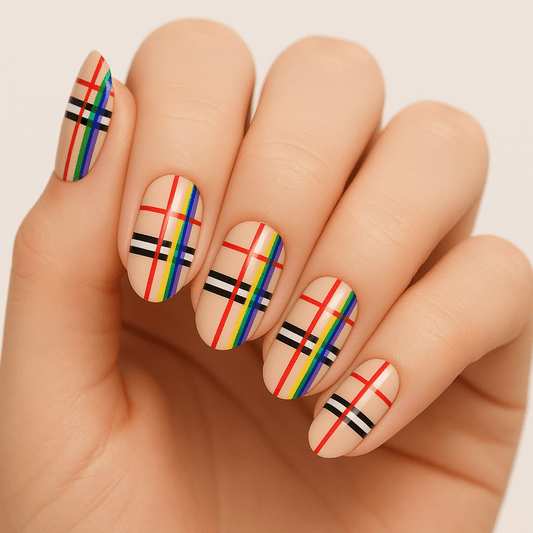 Rainbow plaid nail wraps on hand showing geometric multicoloured striped pattern manicure design