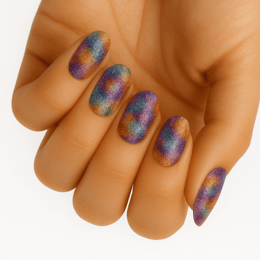 Rainbow holographic glitter nail wraps on hand displaying multicolour sparkle finish