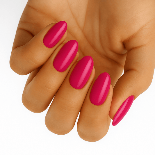 Bright raspberry pink gel nail wraps on oval shaped nails with glossy finish