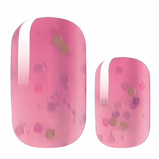 Pink glitter nail wraps with rose gold confetti pattern showing glossy sparkle finish