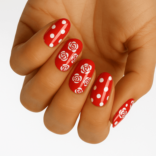 Red nail wraps with white roses and polka dots on hand showing vintage floral nail art