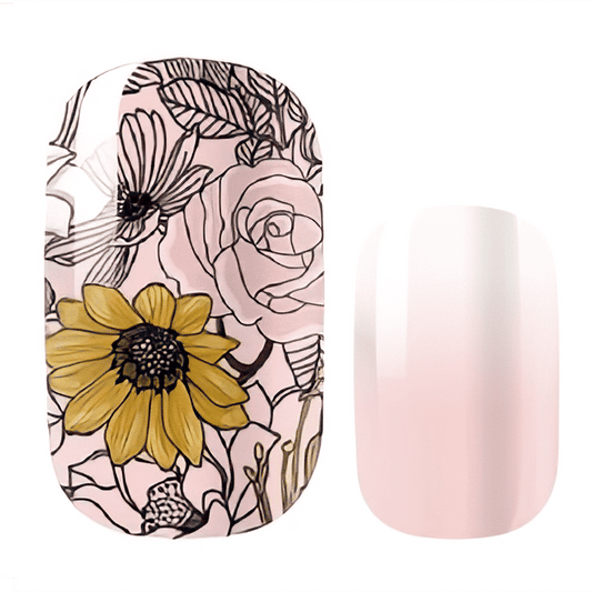 Pink floral nail wraps with botanical line art featuring roses and sunflowers