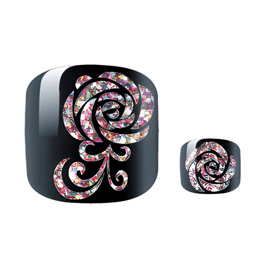 Black pedicure wraps with white rose pattern nail art design for toenails