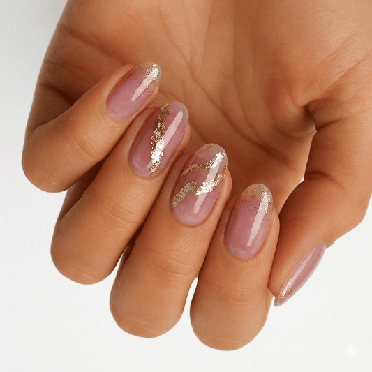 Rose gold foil nail wraps on hand showing dusty pink marble stone pattern