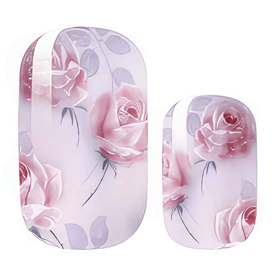 Pink rose floral nail wraps with soft watercolour botanical pattern for romantic manicure