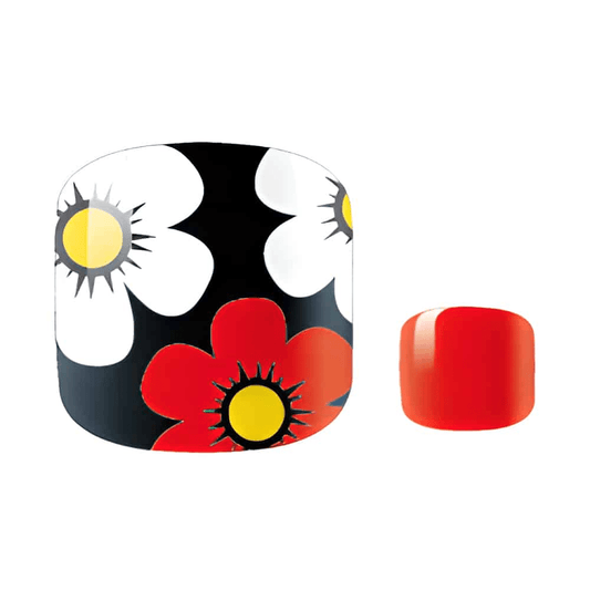 Black pedicure nail wraps with white and red retro daisy floral pattern