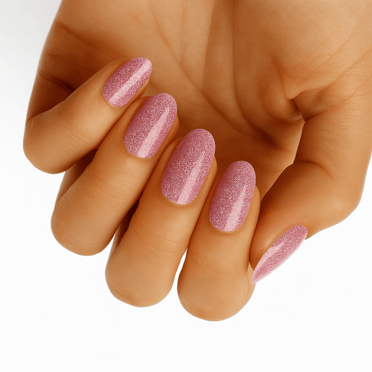Rose gold glitter nail wraps on hand showing shimmery pink manicure finish