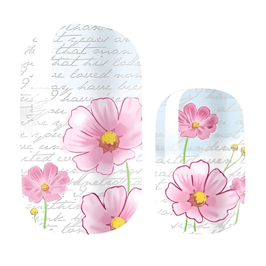Pink floral nail wraps with handwritten script and cosmos flowers for feminine nail art
