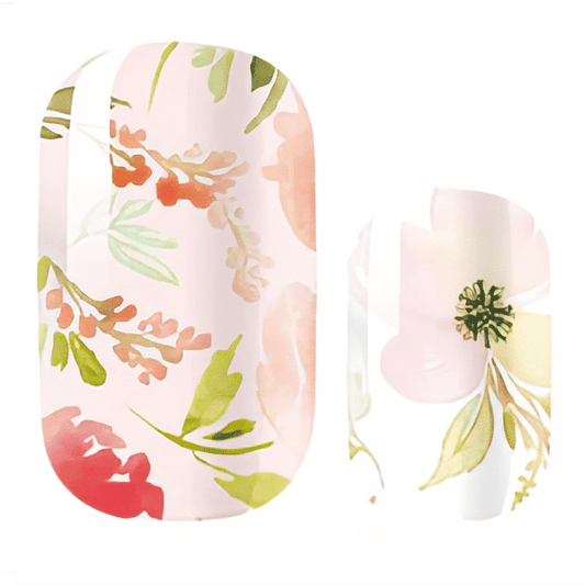 Floral gel nail wraps with pink watercolour flowers and green leaves botanical design