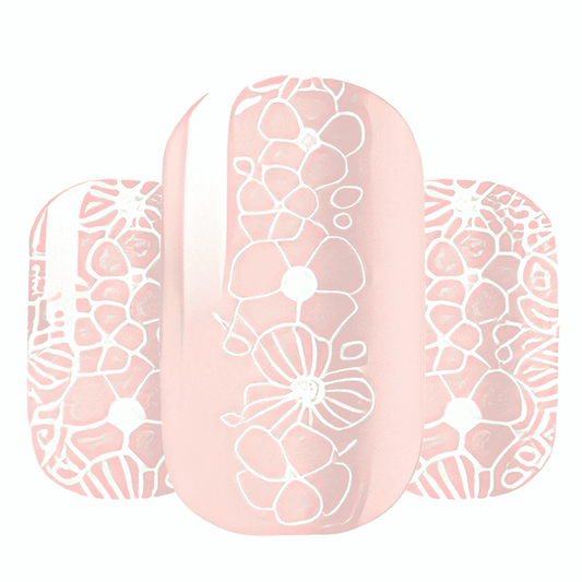 Pink floral lace pattern nail wraps with delicate white flowers for bridal manicure