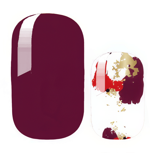 Burgundy wine and gold abstract paint splash non-UV nail wraps for artistic autumn manicure
