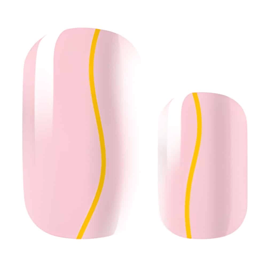 Pink nail wraps with yellow curved stripe pattern in retro geometric design