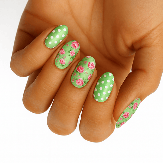 Hand showing green non-UV nail wraps with pink roses and polka dot patterns
