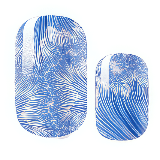 Blue abstract wave pattern non-UV nail wraps with flowing marble design