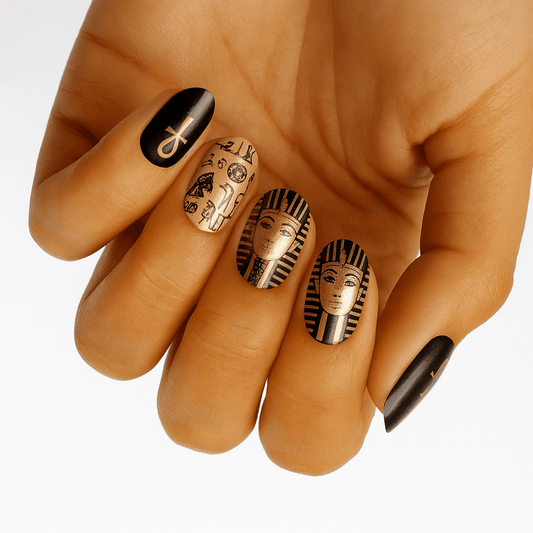Egyptian pharaoh nail wraps on hand featuring black and gold sphinx designs with ankh symbols