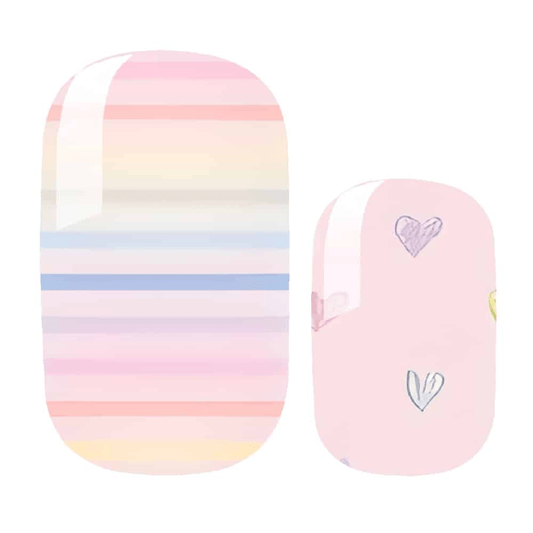 Pastel rainbow striped nail wraps with pink heart designs for at-home manicure