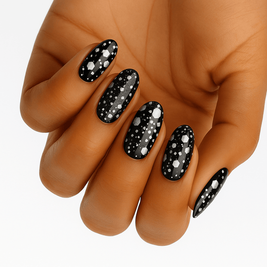 Black nail wraps with silver glitter dots celestial pattern on hand