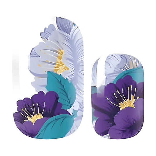 Purple and turquoise floral watercolour non-UV nail wraps with botanical design